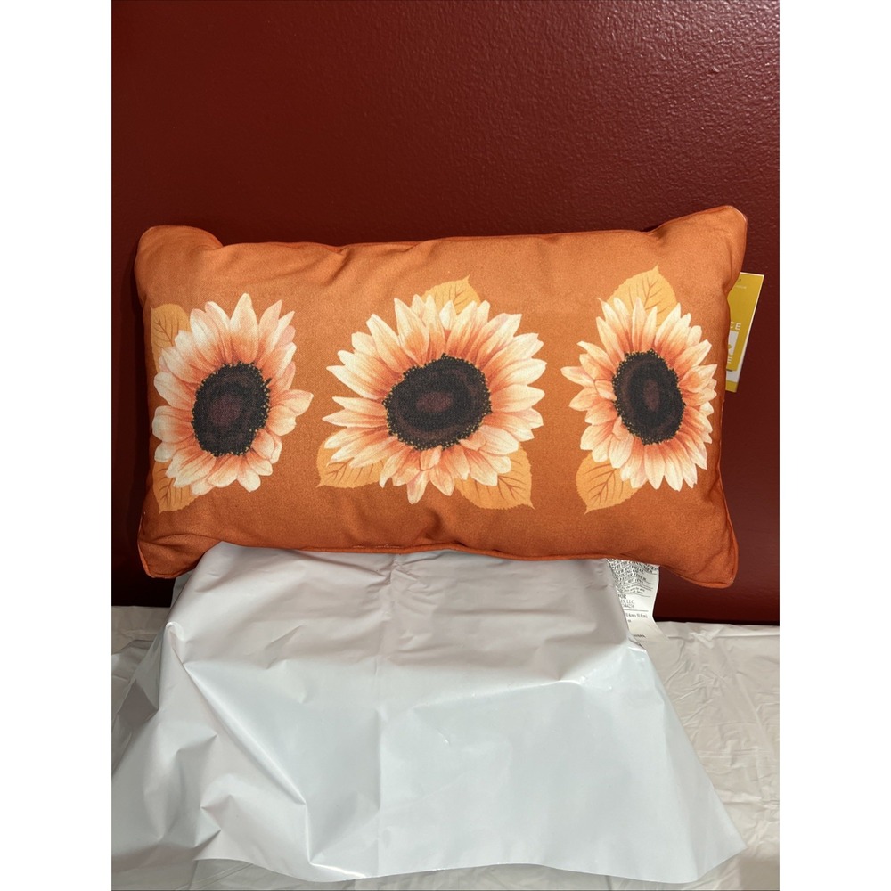Place & Time Fall Orange & White Plaid with Sunflowers 20" x 12" Throw Pillow